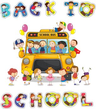 illustration of school bus and english word back to school