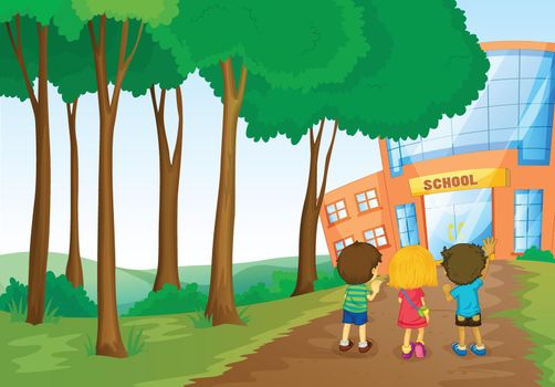 illustration of a kids in front of school