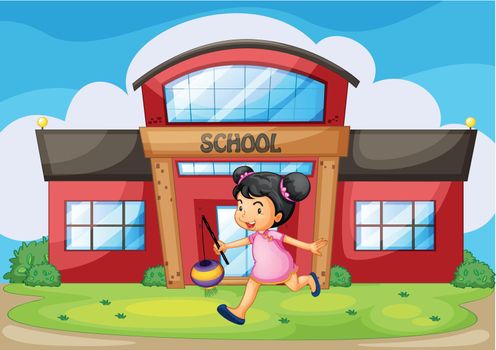 Illustration of a chinese girl in front of a school