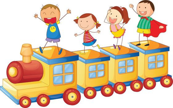 illustration of a kids on a train on white background