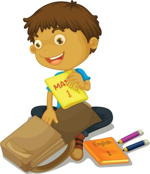 illustration of a boy filling up schoolbag on white