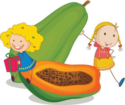 illustration of girls and papaya on a white background