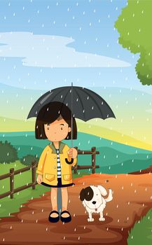 illustration of a girl and dog in a beautiful nature