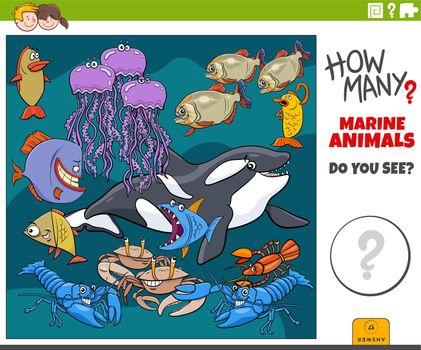 Illustration of educational counting game for children with cartoon fish and marine animals characters group