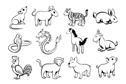 Set of twelve lunar zodiac horoscope symbol. Concept chinese happy new year. line art  vector illustration cartoon of twelve animal.