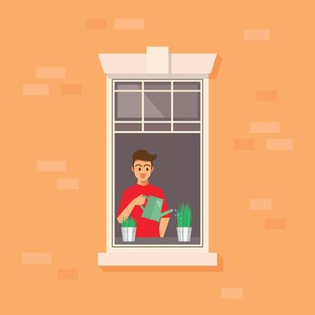 Apartment window with man watering plant. vector illustration.
