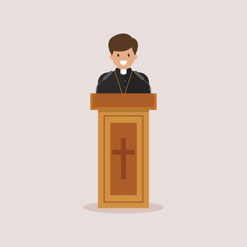 Priest giving speech from tribune. Catholic preacher person. Vector illustration