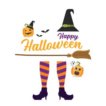 Witch legs Witch broom and hat. Halloween pumpkin and ghost. Vector illustration