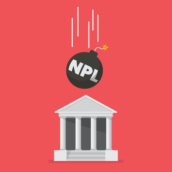 NPL text on the black bomb falling to bank building. Vector illustration