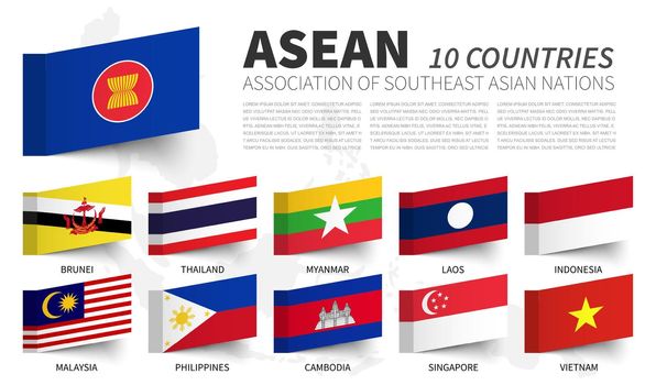ASEAN . Association of Southeast Asian Nations . and membership flags . Sticky note design . Vector