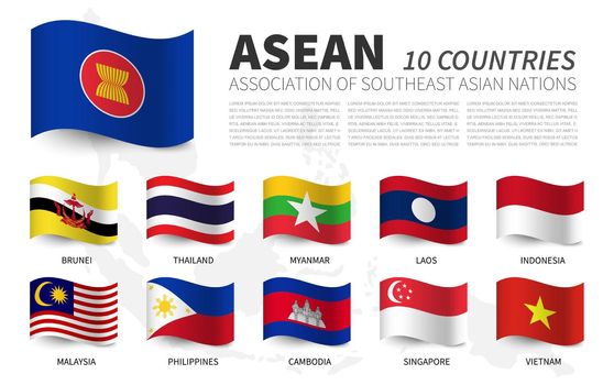 ASEAN . Association of Southeast Asian Nations and membership . Waving flags design . Southeast asia map background . Vector .