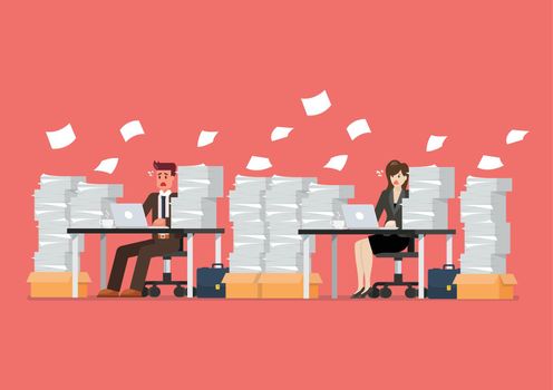 Busy overworked man and woman sitting at table with laptop and pile of papers in office. Vector illustration
