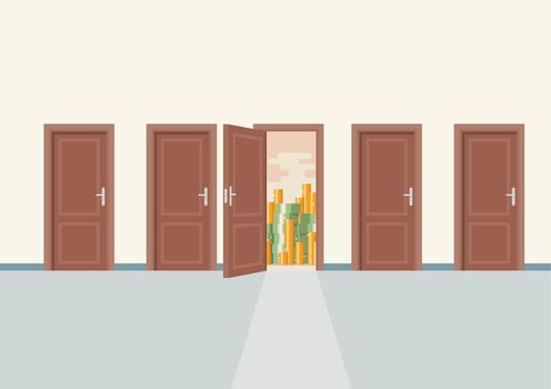 Choosing the right door to wealth. Business concept