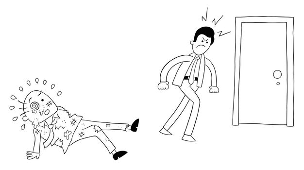Cartoon angry employee man beat the boss and leaves, vector illustration. Black outlined and white colored.