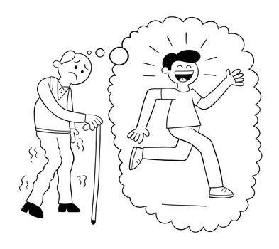Cartoon old man walking with his cane and dreaming of his youth, vector illustration. Black outlined and white colored.