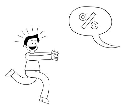 Cartoon man announcing that there is a discount and running immediately with excitement, vector illustration. Black outlined and white colored.