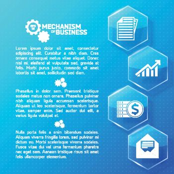 Abstract business infographics with text glass light hexagons and white icons on blue dotted background vector illustration