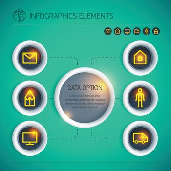 Abstract business infographics with circles text orange neon icons options on green background isolated vector illustration