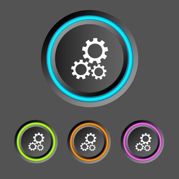 Abstract web infographics with round buttons colorful rings and gears icons on dark background isolated vector illustration