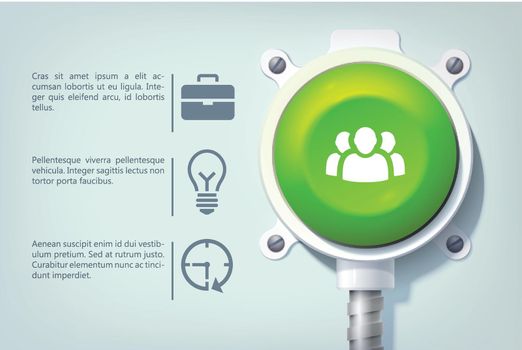 Abstract business infographics with text icons and green round button on metal pole isolated vector illustration