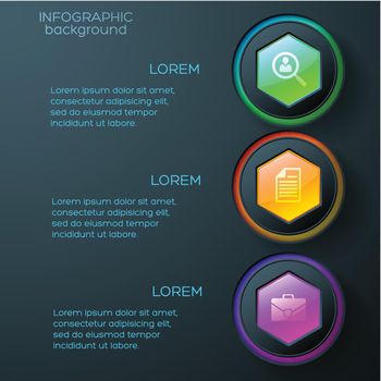 Web abstract infographics with business icons colorful glossy hexagons and rings on dark background vector illustration