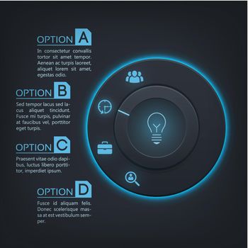 Web interface infographics with round button blue backlight four options and icons on dark background vector illustration