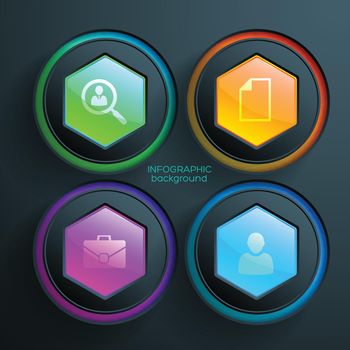 Web abstract infographics with business icons colorful glossy hexagons and circles on dark background vector illustration