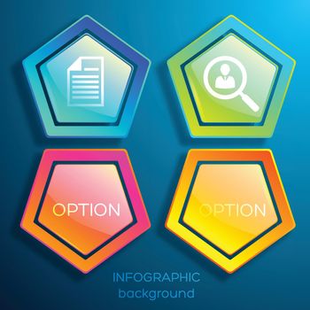 Web business infographics with colorful hexagons two options and icons on blue background isolated vector illustration