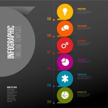 Vector vertical Dark Infographic Company Milestones Timeline Template with colorful pointers on the line