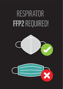 Shop poster - covid prevention - no entry without respirator FFP2, face mask is not enough, respirator FFP2 requiered - dark version with white respirator and teal face mask