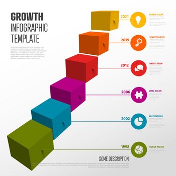 Vector multipurpose Infographic template made from color droplet pointers on square bar levels growth stairs chart with icons, descriptions and legend - light background version