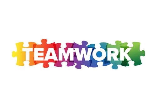 Teamwork lettering template made from puzzle pieces with teamwork text in the background. Teamwork concept illustration article header banner