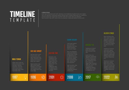 Vector Dark Infographic Company Milestones Colorful Timeline Template made from pages corners with color border and icons. Colorful time line with years 