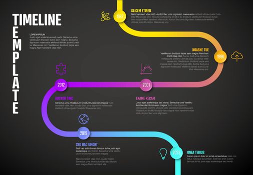 Vector Infographic Company Milestones curved Timeline Template. Dark time line templat version with circles. Thin Color Timeline with curves, icons and text content