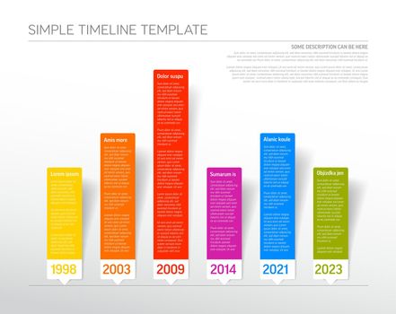 Vector Infographic timeline report template design with paper labels stickers and arrows. Simple infochart time line template, Colorful horizontal timeline.