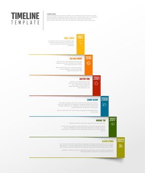 Vector Infographic Company Milestones Colorful Timeline Template made from paper stripes with color borders and icons. Colorful time line with years 