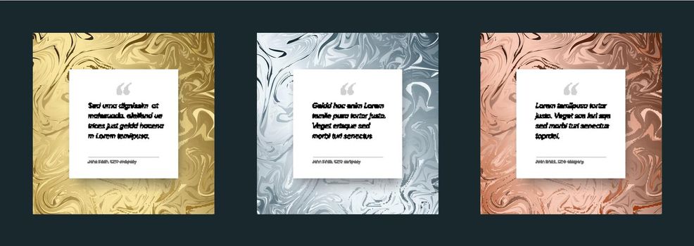 Three Social media design quote layout template. Square qotation presentations with metallic golden silver and bronze pattern frames and white content placeholder for your text. 