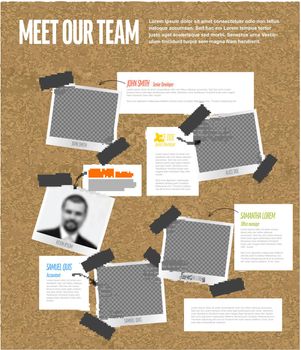 Company team cork notice board presentation template with team profile photos placeholders and some sample text about each team member - retro photo team members placeholders with description
