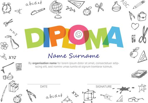Colorful child diploma certificate template with gray doodles frame and big color lettering. Kids diploma certificate template ready to print in a4 size
