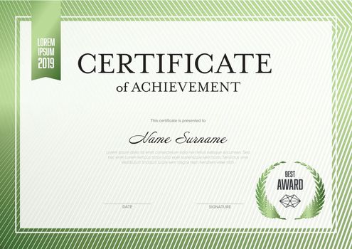 Modern certificate of achievement template with place for your content - metallic green design. Light white green layout template for any premium certificate, diploma, graduation or achievement document for print