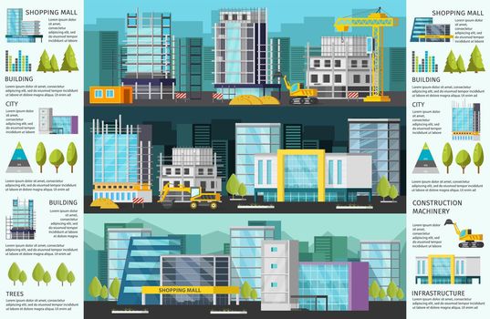 Building orthogonal infographics with construction site at day and at night shopping mall and charts vector illustration