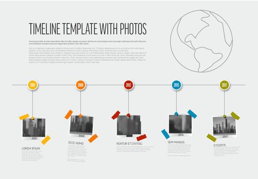 Vector Infographic Company Milestones Timeline Template with photo placeholders as snapshots on a line. Simple horizontal timeline with photo pictures placeholders.