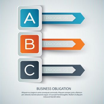 Business development infographics with text colorful squares arrows three options on striped gray background isolated vector illustration