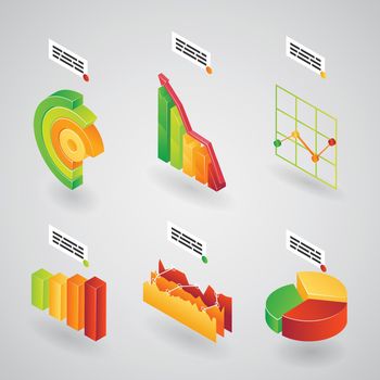 Colorful collection of 3d analytical charts  bar graphs and pie graphs for inforraphics orientated at an angle  vector illustration