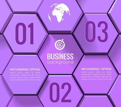 Business geometric infographics with 3d purple hexagons text numbers and white icons in mosaic style vector illustration