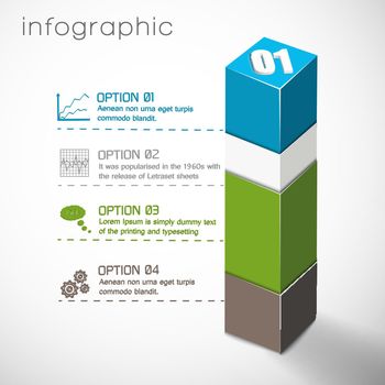 Infographics with 3d composition from geometric shapes and set of icons on white background vector illustration