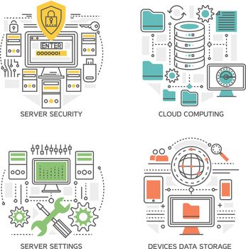 Datacenter linear compositions including server settings and security system cloud computing  devices information storage isolated vector illustration
