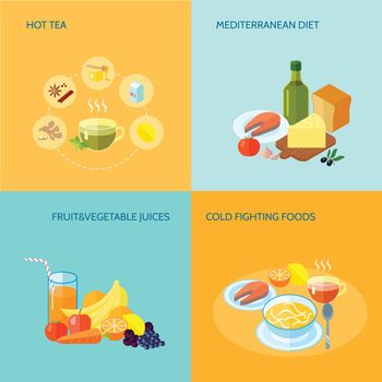 Healthy food flat icons set with hot tea mediterranean diet fruit and vegetable juices cold fighting food isolated vector illustration
