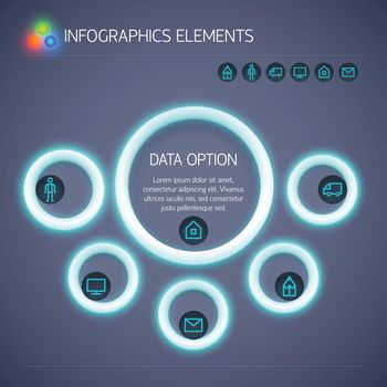 Business infographic concept with neon glowing circles text and icons isolated vector illustration