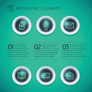 Business infographic design template with rings text neon icons three options on green background isolated vector illustration